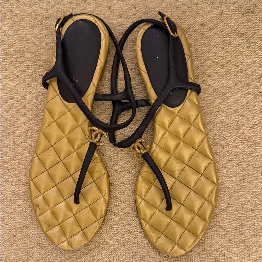 CHANEL Gold and Black Quilted Sandals
